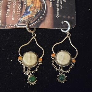 Artisan Silver Earrings with Green and Orange Accents